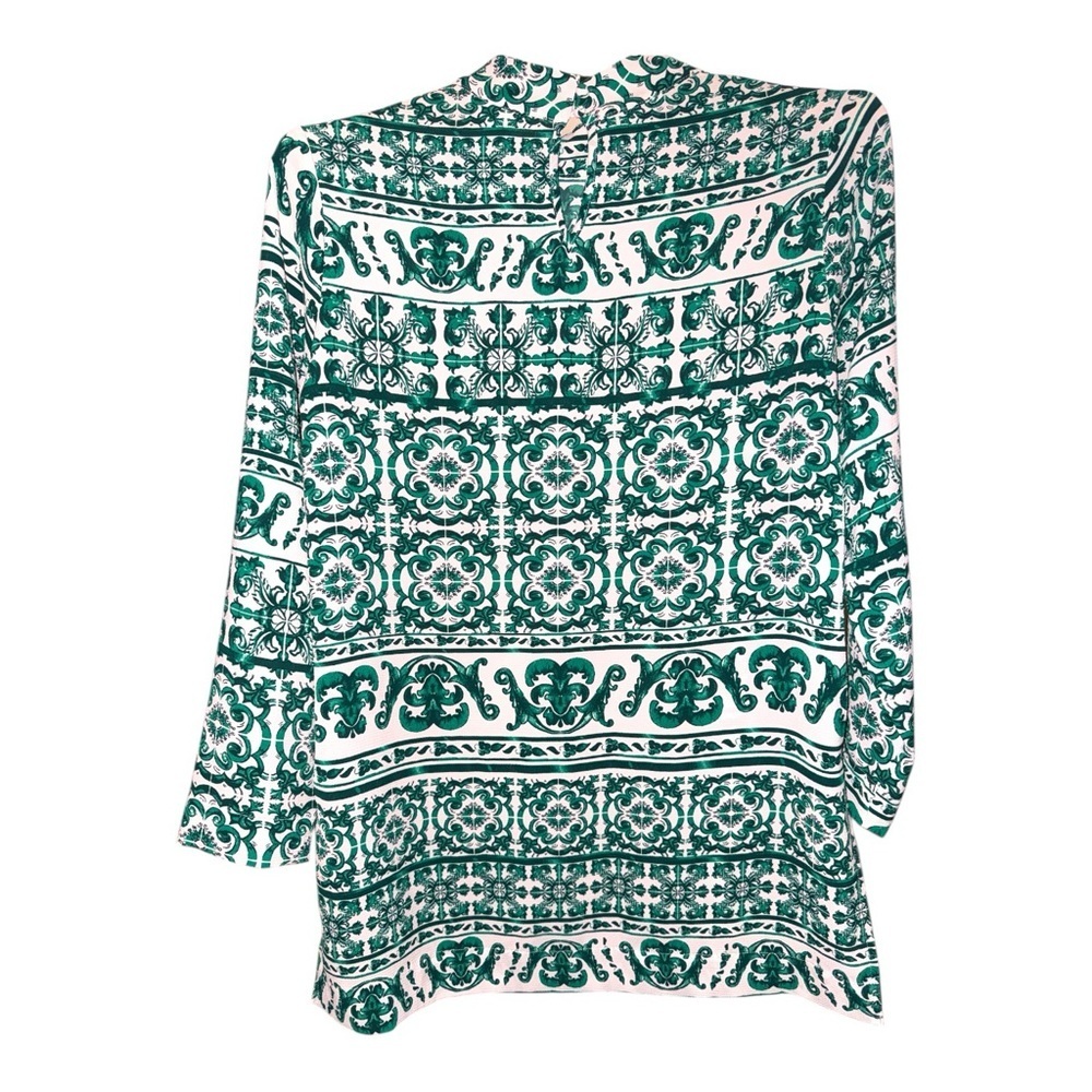 H & M Green White Tile Print Tunic Top Med Boho Cottagecore Coastal Euro Summer - Picture 4 of 5